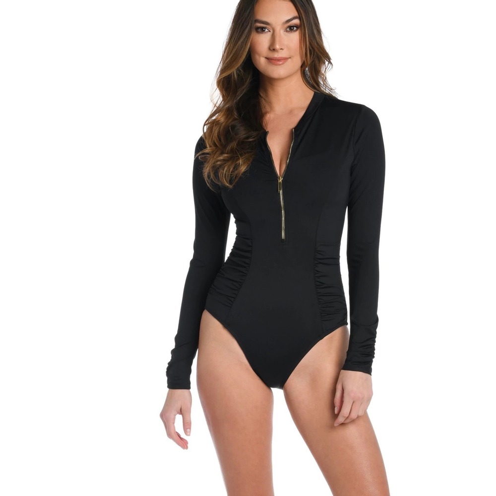 La Blanca Island Goddess Long Sleeve One Piece Swimsuit Black Zip Front Small
